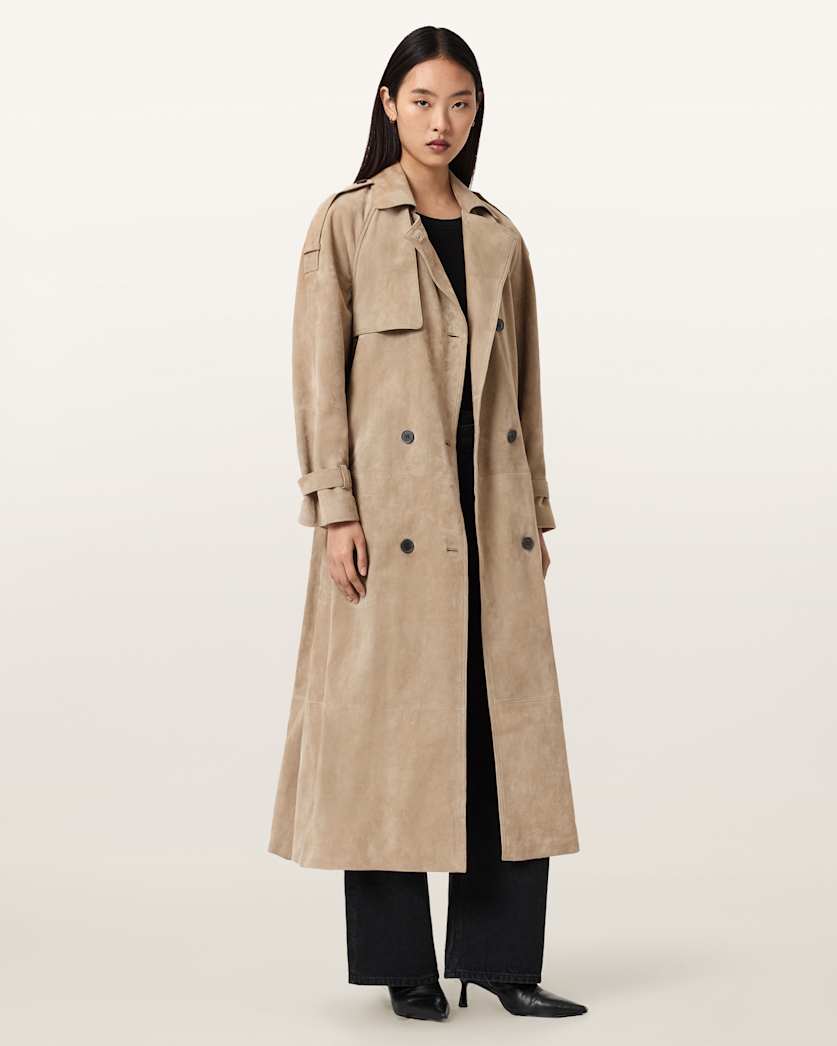 AllSaints Reed Suede Trench Coat Women's Taupe Brown Women's