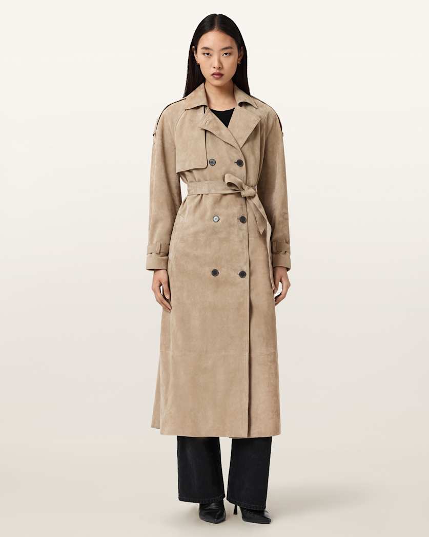 AllSaints Reed Suede Trench Coat Women's Taupe Brown Women's