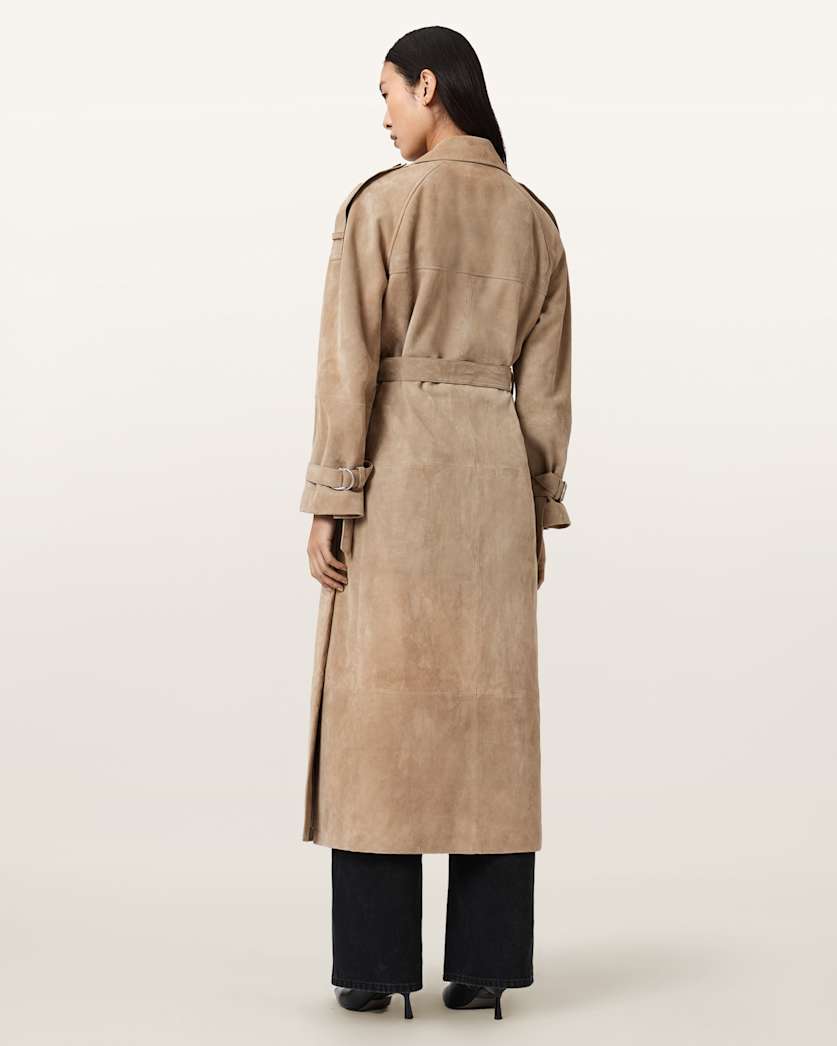 AllSaints Reed Suede Trench Coat Women's Taupe Brown Women's