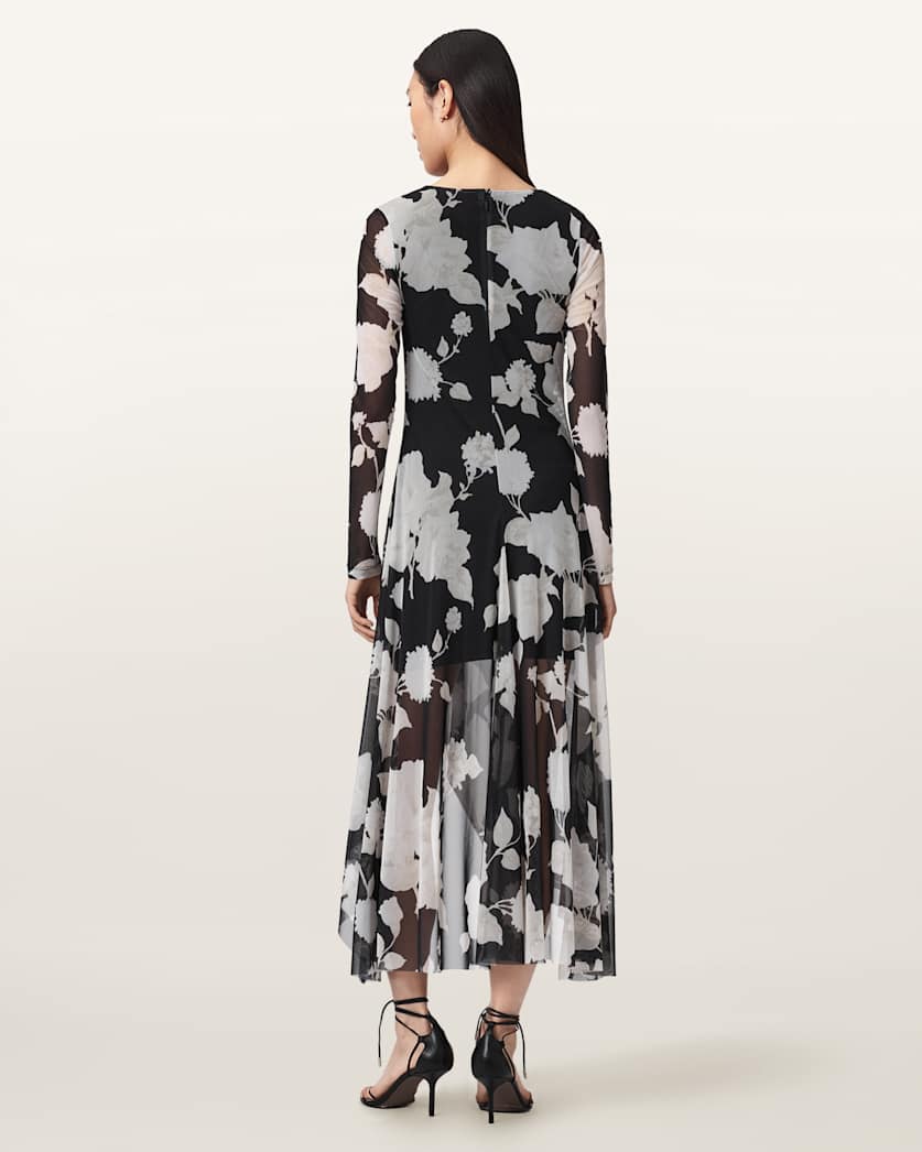 AllSaints Loria Draped Mesh Midi Dress Women's Fleurz Black Women's