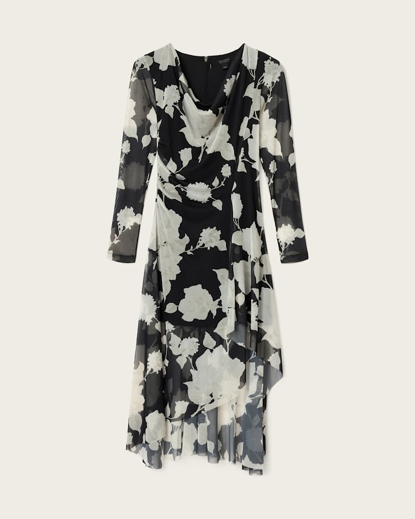 AllSaints Loria Draped Mesh Midi Dress Women's Fleurz Black Women's