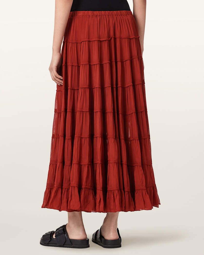 AllSaints Eva Tiered Midi Skirt Women's Paprika Red Women's