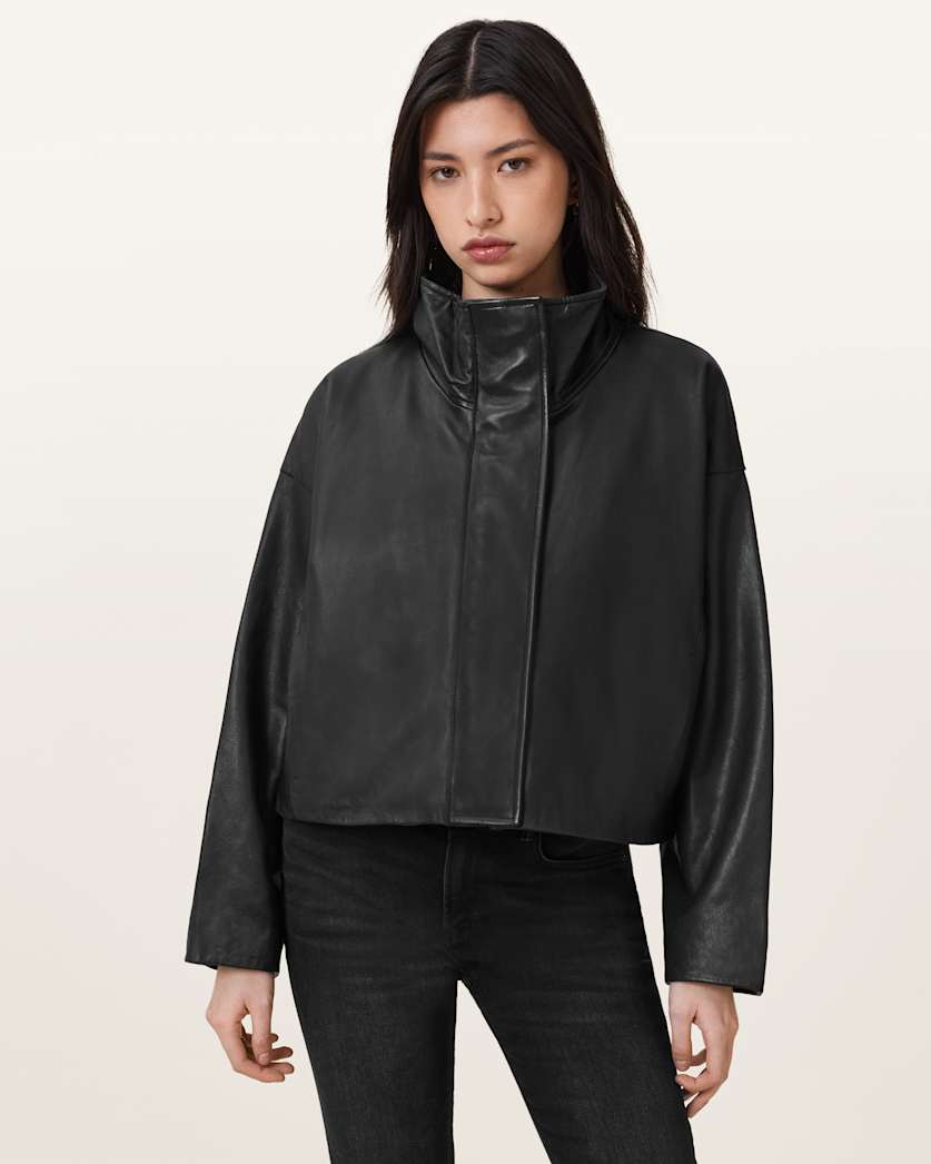 AllSaints Ryder Funnel Neck Leather Jacket Women's Black Women's