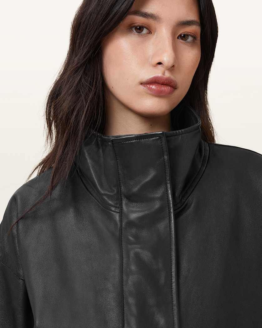 AllSaints Ryder Funnel Neck Leather Jacket Women's Black Women's