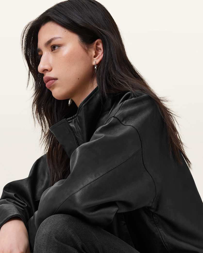 AllSaints Ryder Funnel Neck Leather Jacket Women's Black Women's
