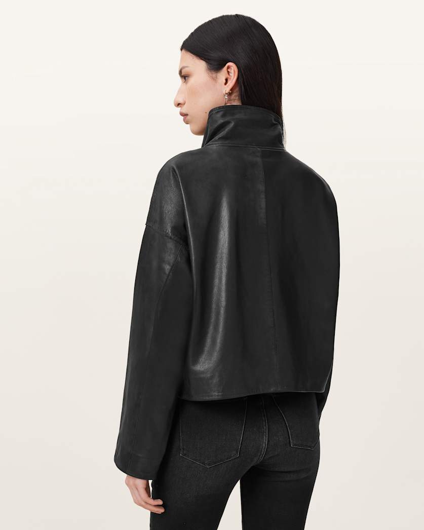 AllSaints Ryder Funnel Neck Leather Jacket Women's Black Women's