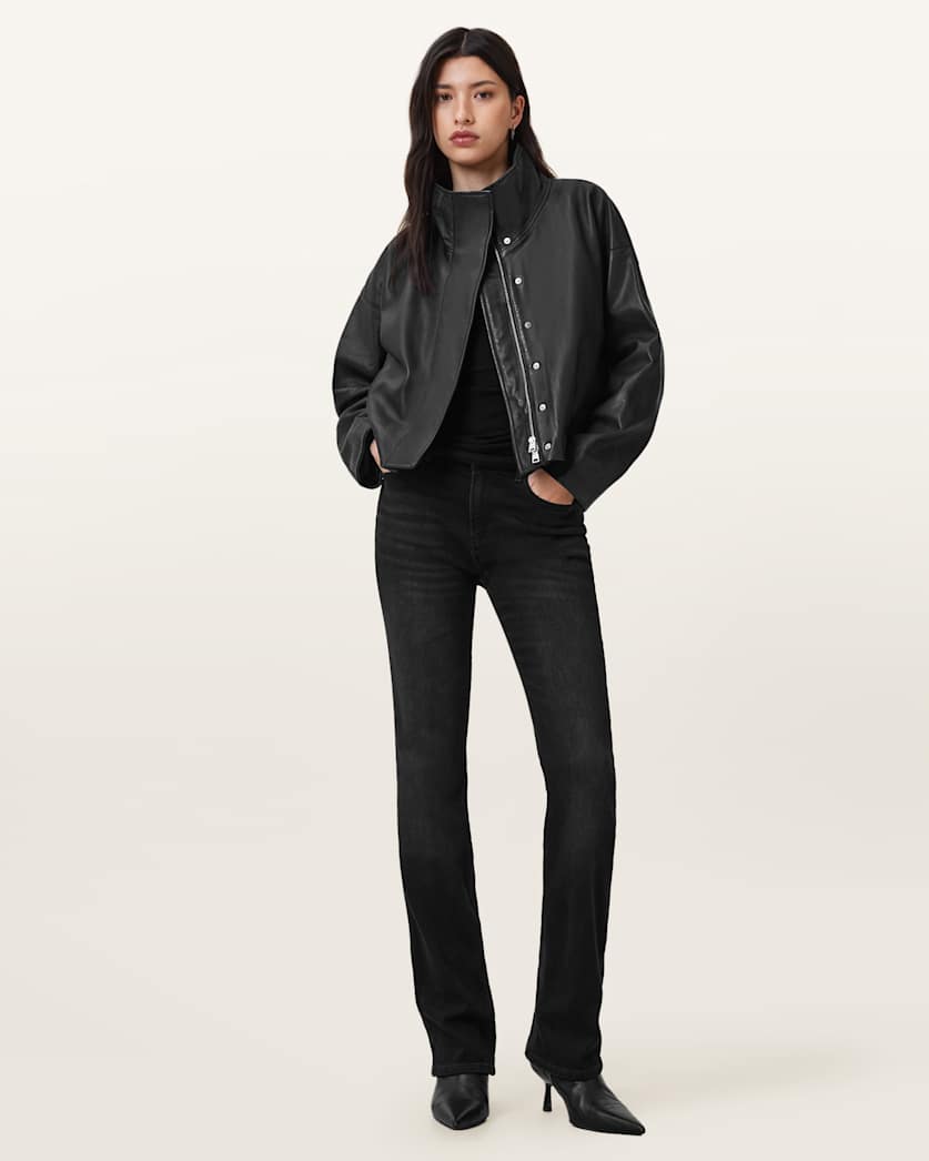 AllSaints Ryder Funnel Neck Leather Jacket Women's Black Women's