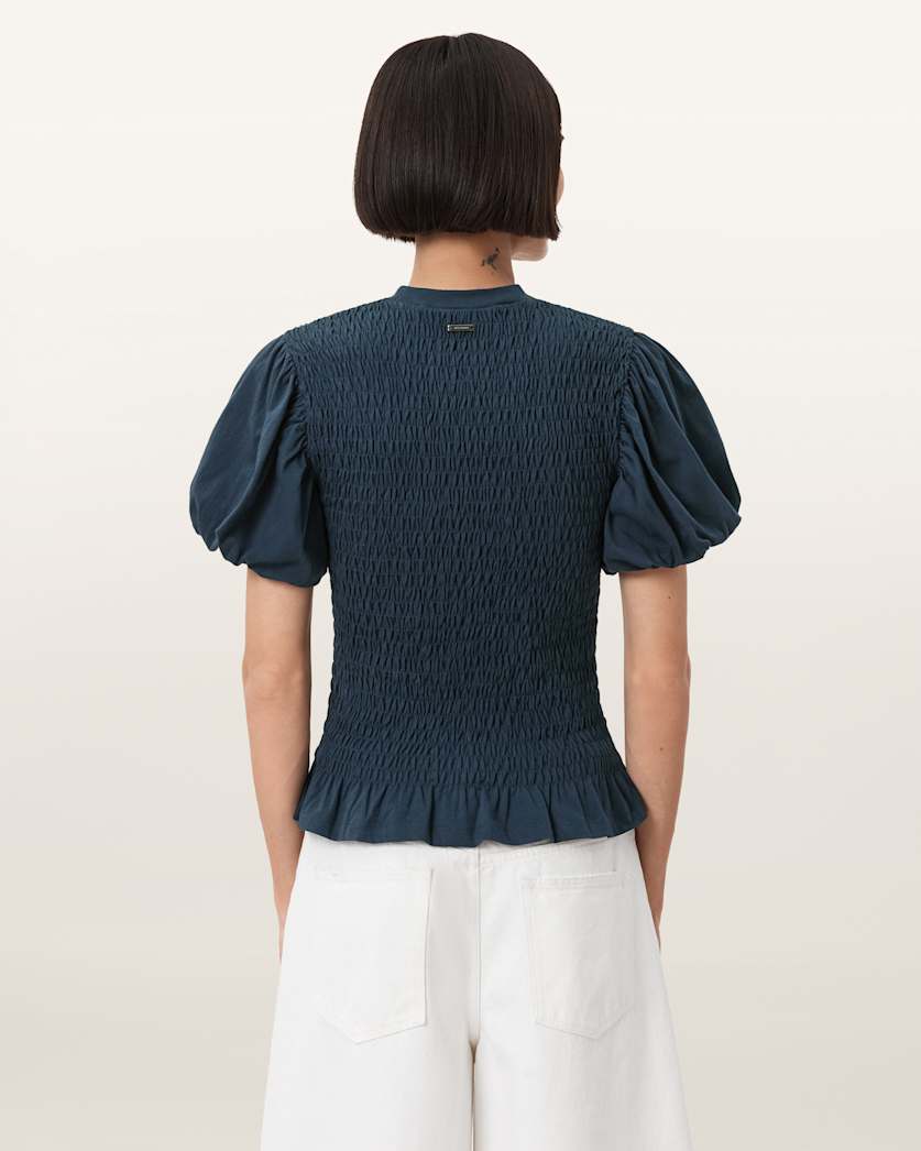 AllSaints Dael Smocked Slim Top Women's Midnight Blue Women's