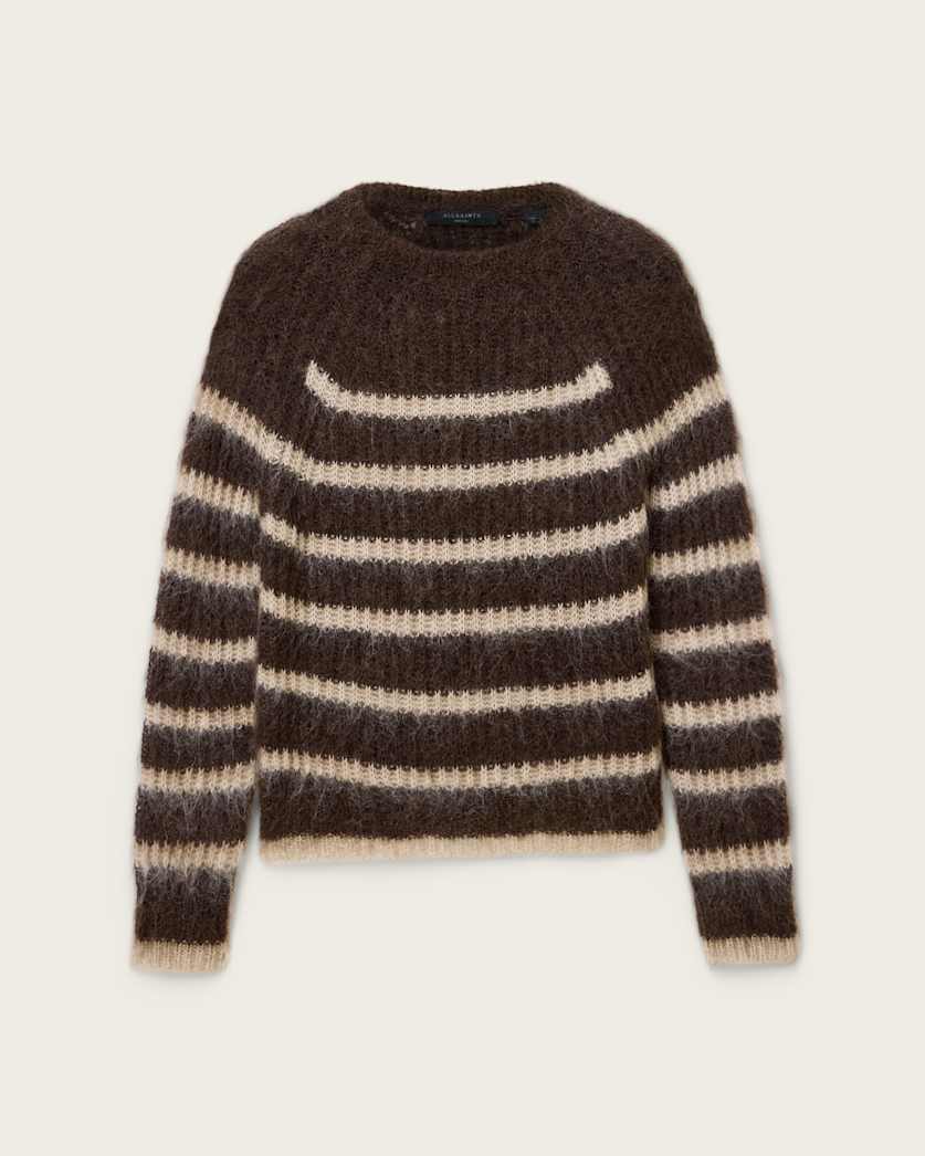 AllSaints Riga Striped Crew Neck Sweater Women's Bttle Brown/Barley Women's