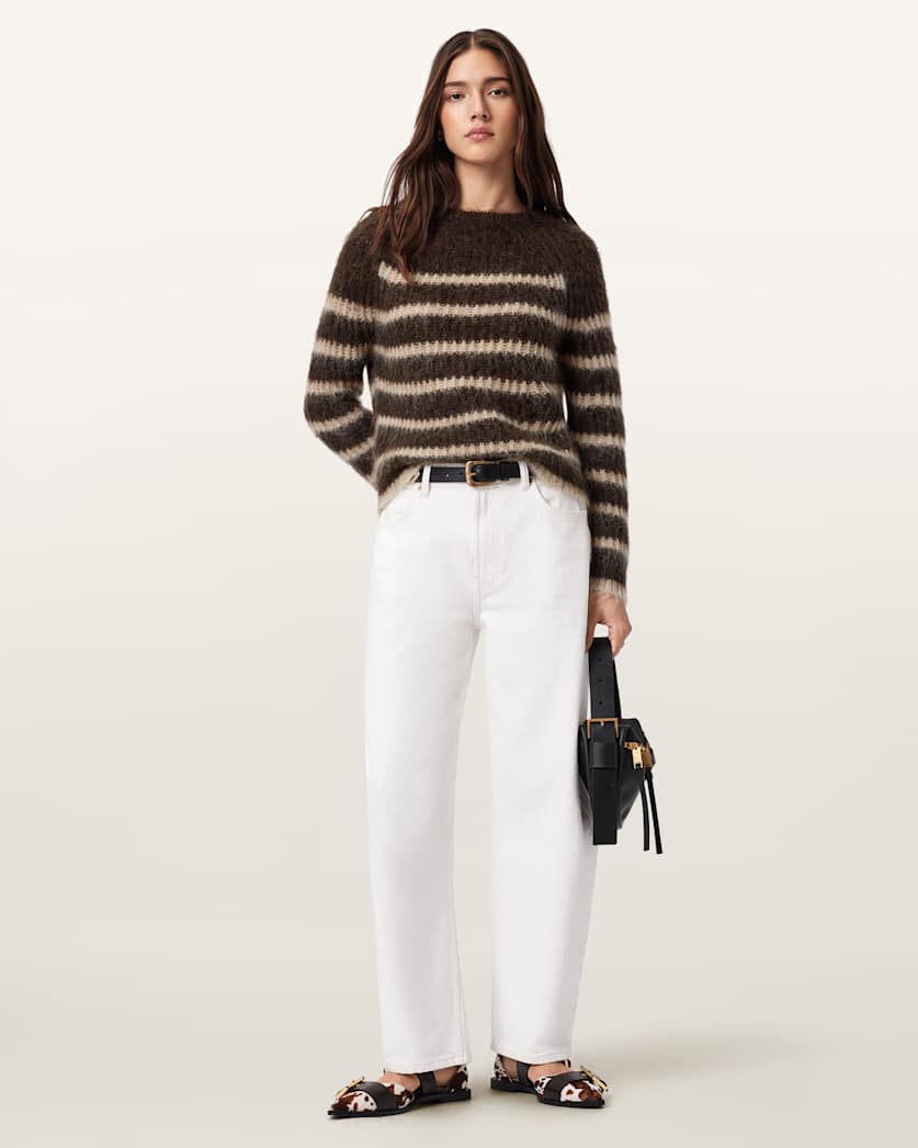 AllSaints Riga Striped Crew Neck Sweater Women's Bttle Brown/Barley Women's