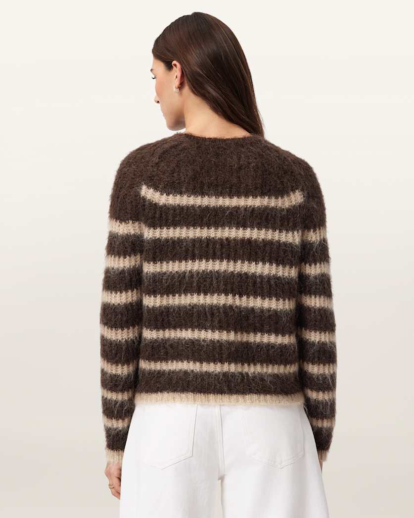 AllSaints Riga Striped Crew Neck Sweater Women's Bttle Brown/Barley Women's