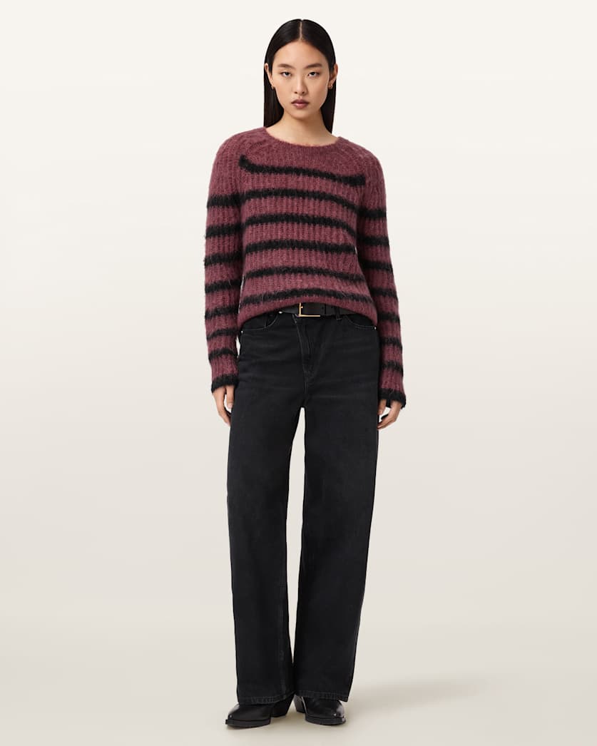 AllSaints Riga Striped Crew Neck Sweater Women's Bttle Brown/Barley Women's