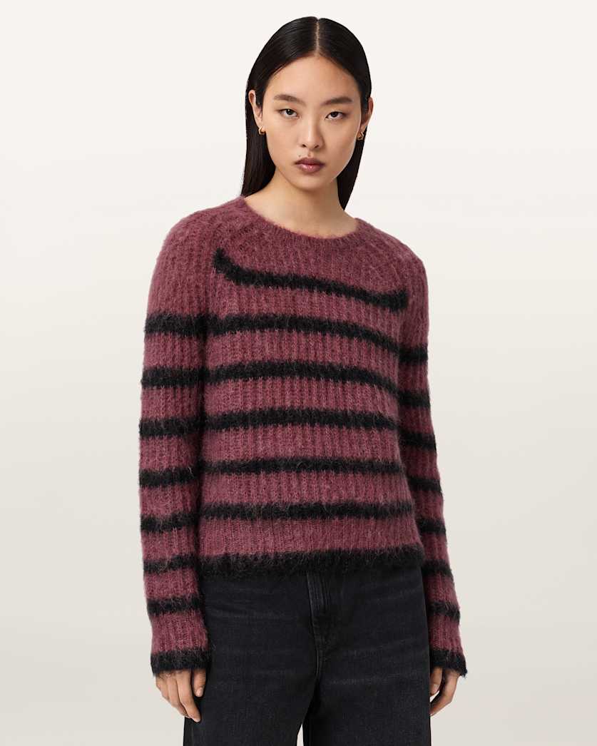 AllSaints Riga Striped Crew Neck Sweater Women's Bttle Brown/Barley Women's