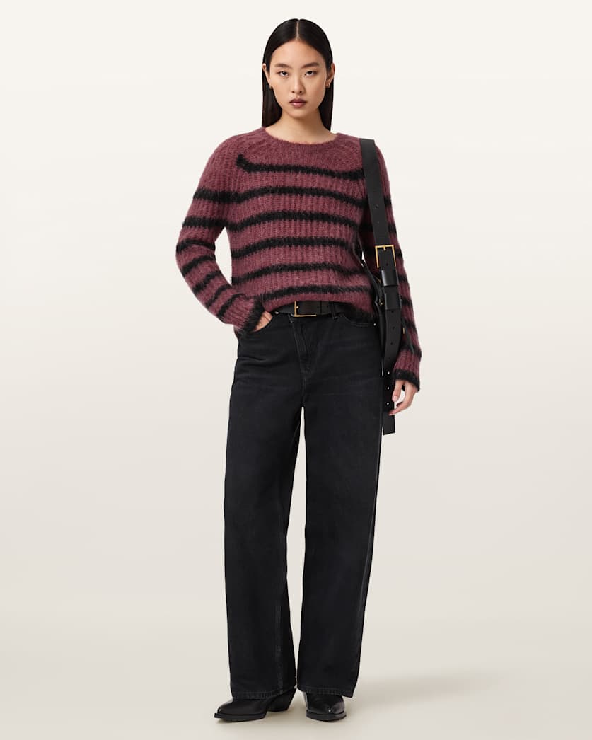 AllSaints Riga Striped Crew Neck Sweater Women's Bttle Brown/Barley Women's