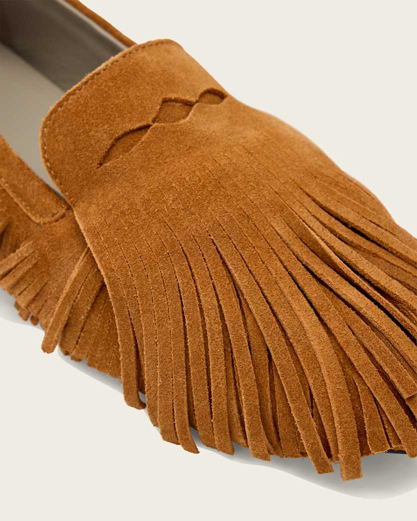AllSaints Sandy Suede Fringe Loafers Women's Tan Brown Women's
