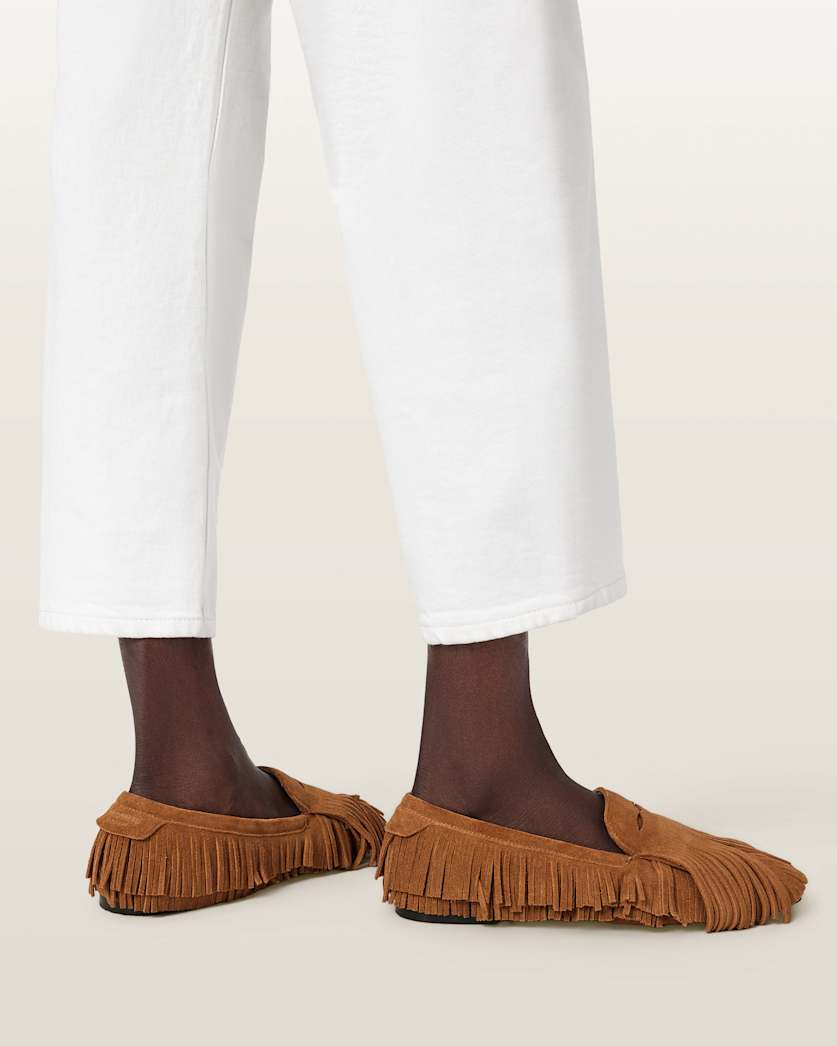 AllSaints Sandy Suede Fringe Loafers Women's Tan Brown Women's