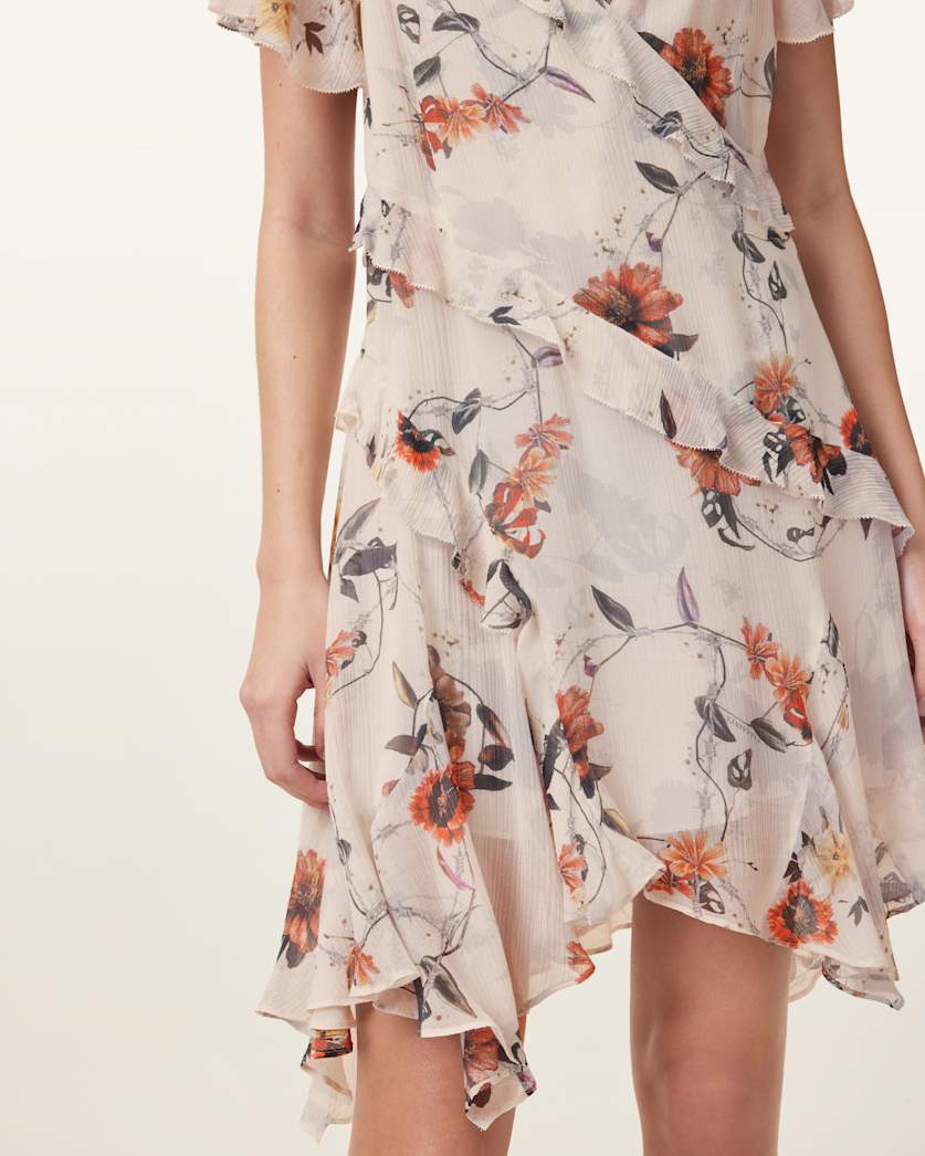 AllSaints Darma Floral Print Mini Dress Women's Utility Ecru White Women's