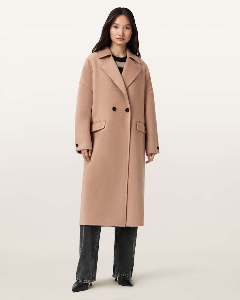 AllSaints Sellma Double Breasted Coat Women's Camel Brown Women's