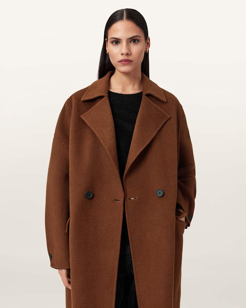 AllSaints Sellma Double Breasted Coat Women's Camel Brown Women's