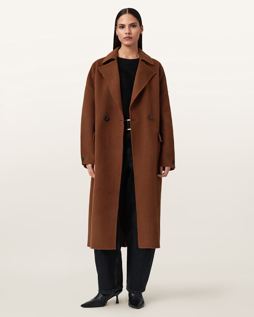 AllSaints Sellma Double Breasted Coat Women's Camel Brown Women's