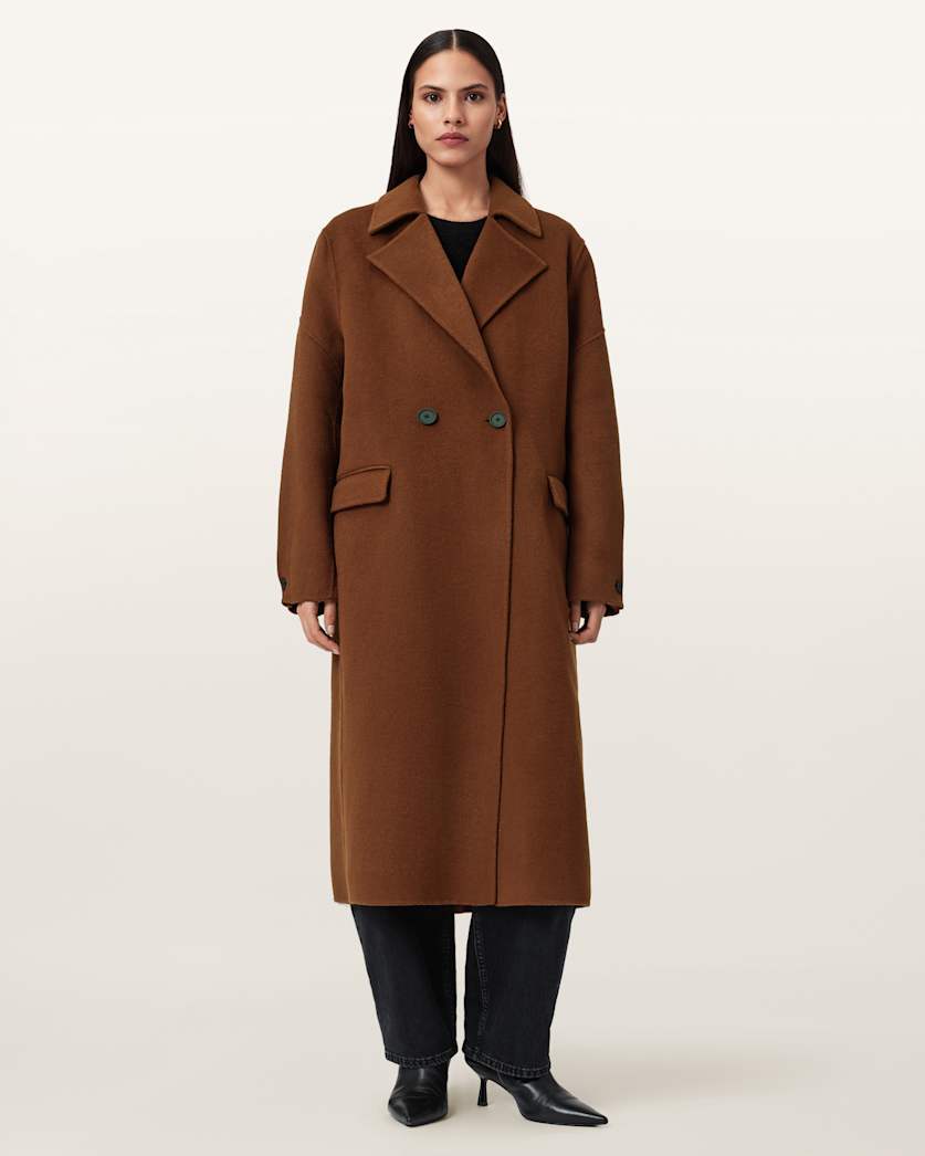 AllSaints Sellma Double Breasted Coat Women's Camel Brown Women's