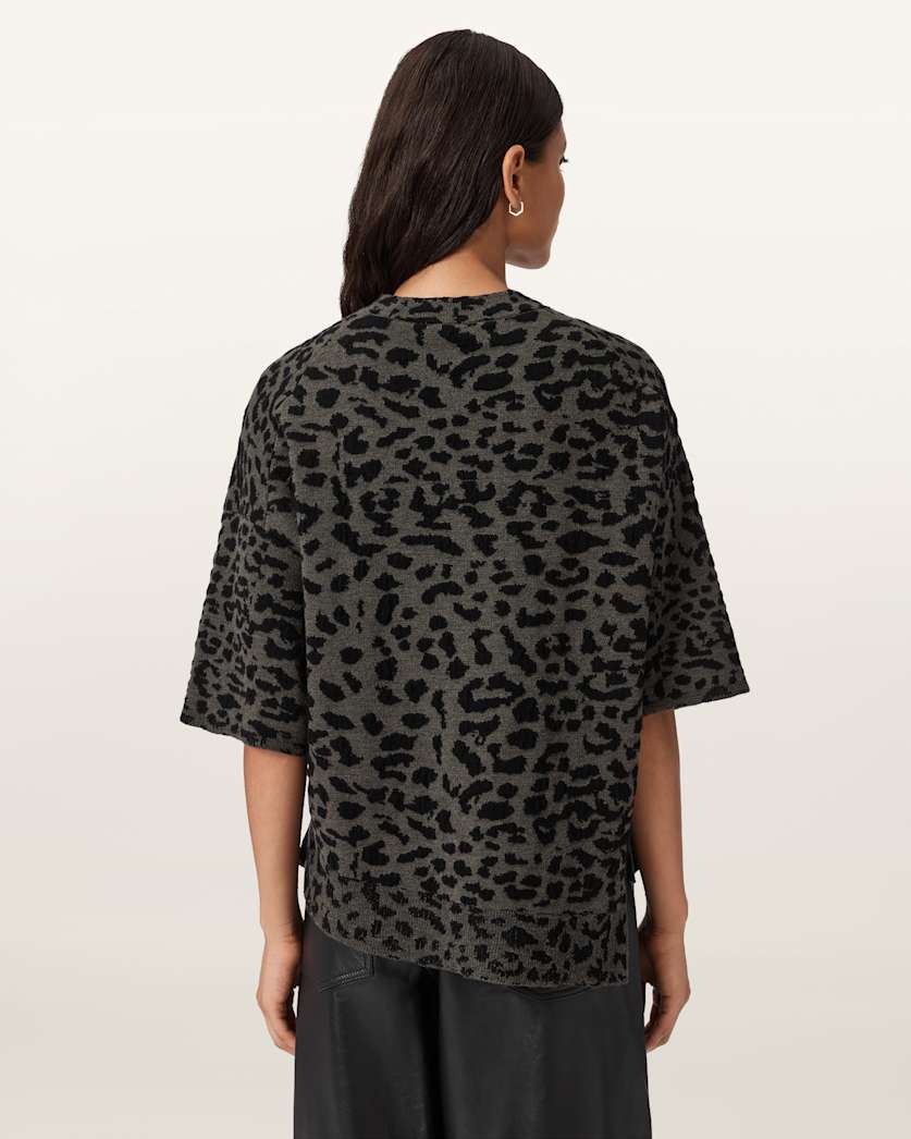 AllSaints Lenny Leopard Print Wool T Shirt Women's Khaki Brown Women's