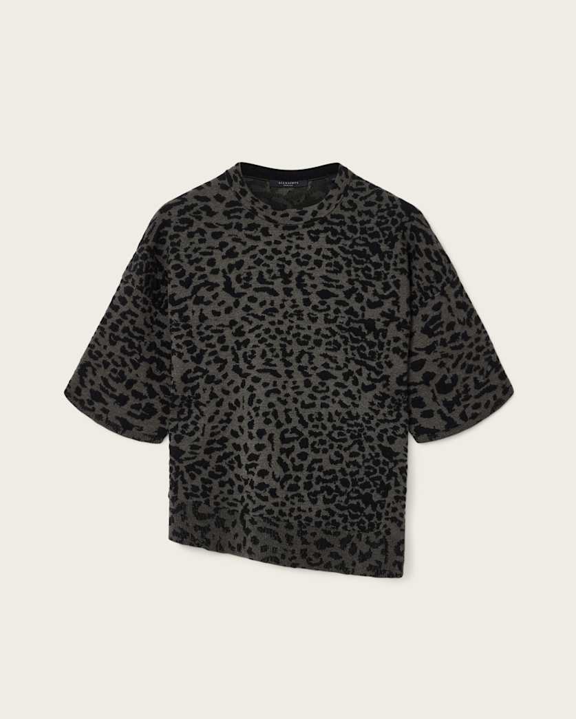AllSaints Lenny Leopard Print Wool T Shirt Women's Khaki Brown Women's
