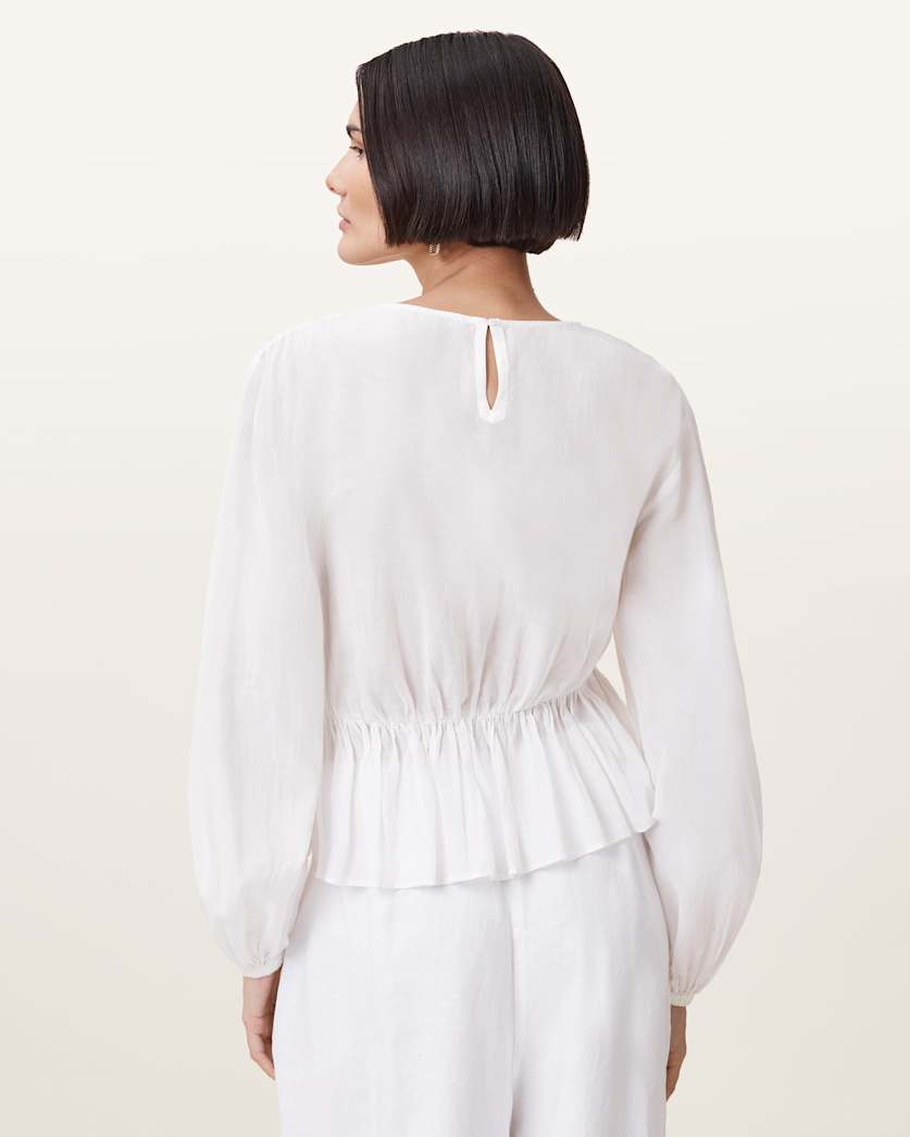 AllSaints Melani Round Neck Gathered Top Women's Antique White Women's