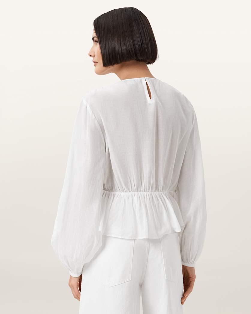 AllSaints Melani Round Neck Gathered Top Women's Antique White Women's