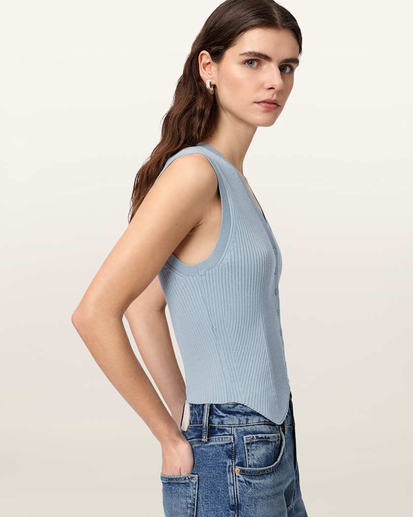 AllSaints Cruz Ribbed Knitted Waistcoat Women's Quarry Blue Women's