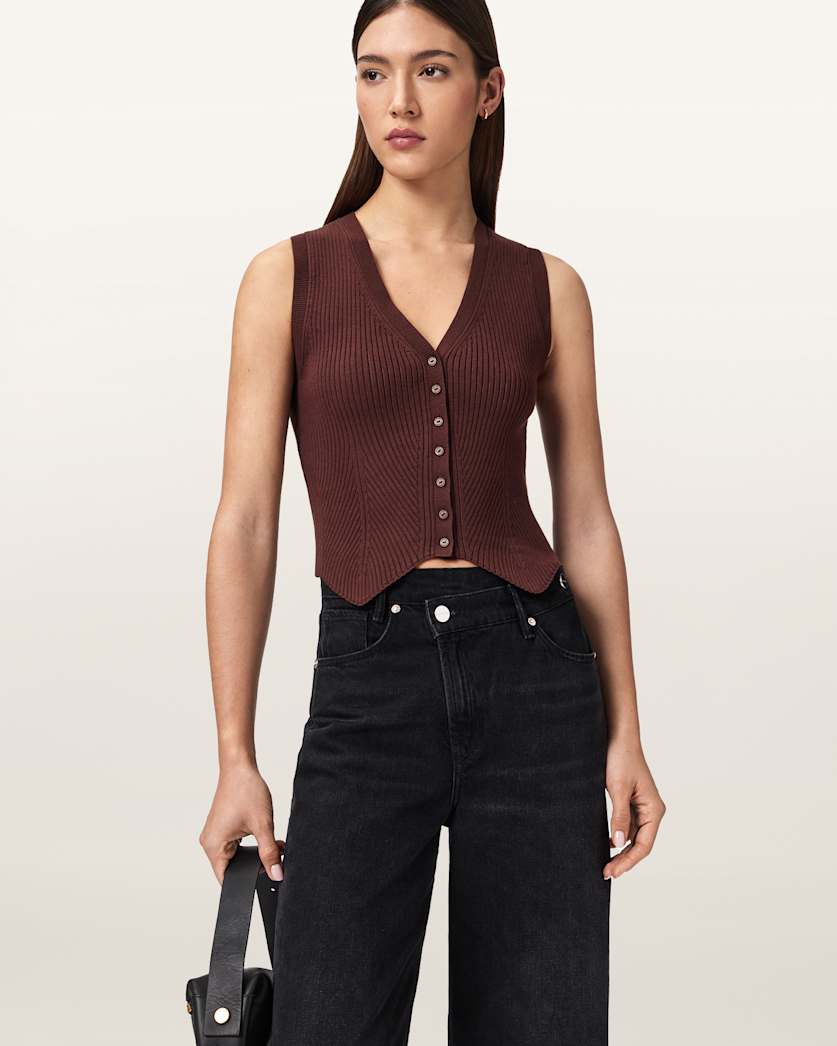 AllSaints Cruz Ribbed Knitted Vest Women's Burnt Umber Women's