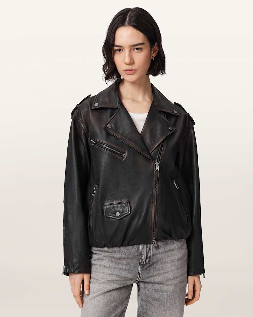 AllSaints Samina Relaxed Fit Leather Biker Jacket Women's Black/Brown Women's
