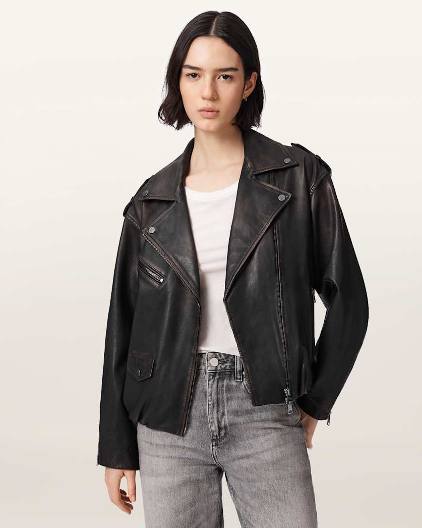 AllSaints Samina Relaxed Fit Leather Biker Jacket Women's Black/Brown Women's