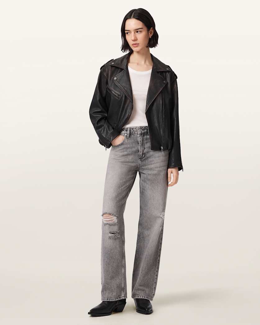 AllSaints Samina Relaxed Fit Leather Biker Jacket Women's Black/Brown Women's