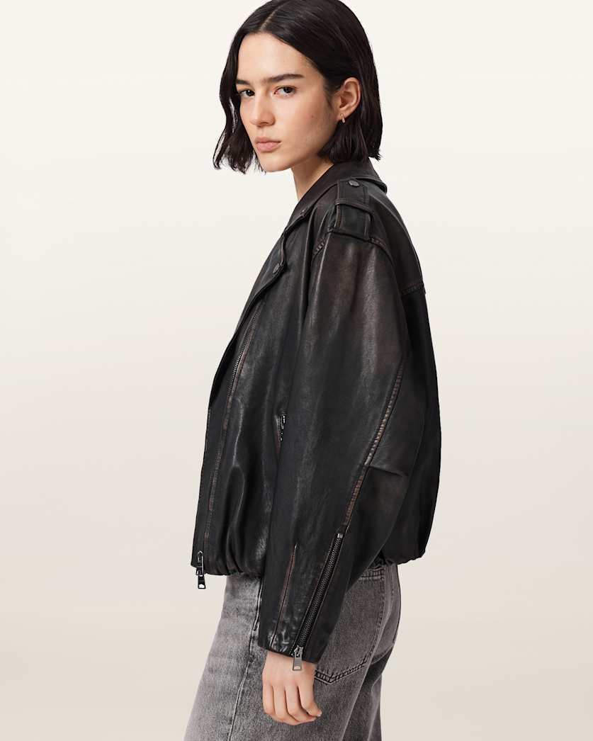 AllSaints Samina Relaxed Fit Leather Biker Jacket Women's Black/Brown Women's