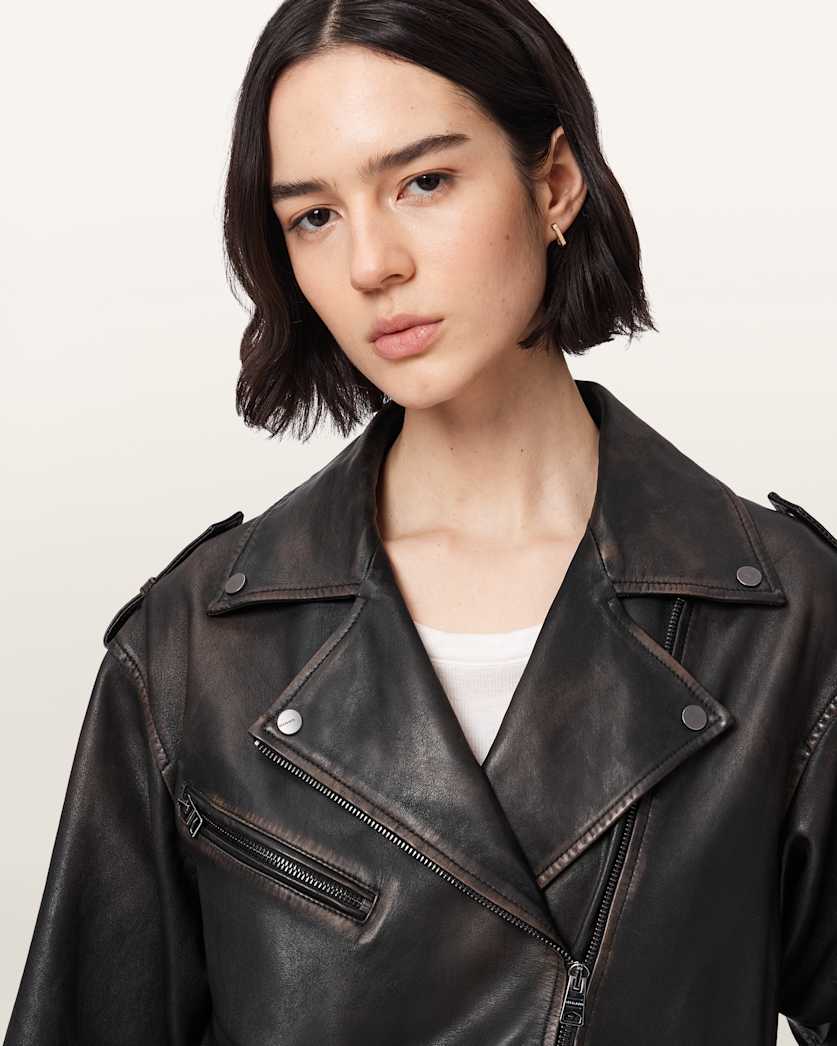 AllSaints Samina Relaxed Fit Leather Biker Jacket Women's Black/Brown Women's