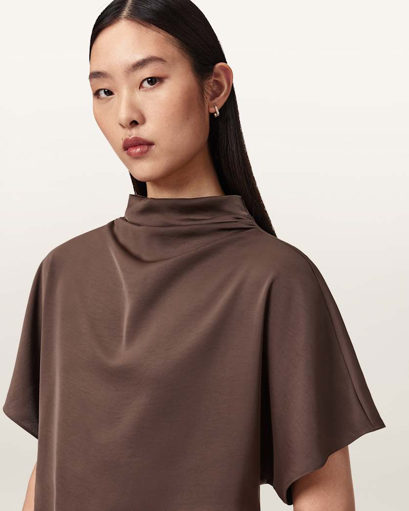 AllSaints Leslie Satin Short Sleeve Top Women's Pot Brown Women's
