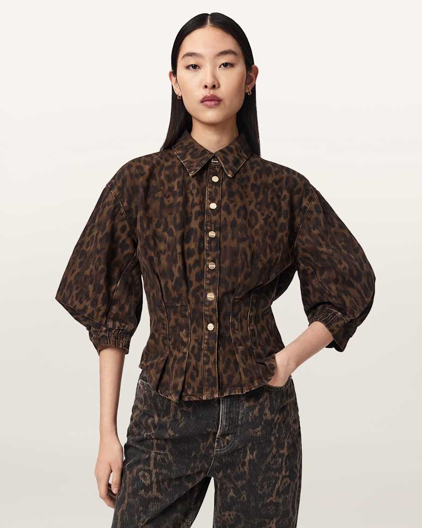AllSaints Nancy Leopard Print Denim Shirt Women's Leppo Brown Women's