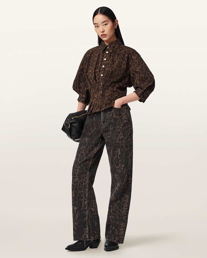 AllSaints Nancy Leopard Print Denim Shirt Women's Leppo Brown Women's