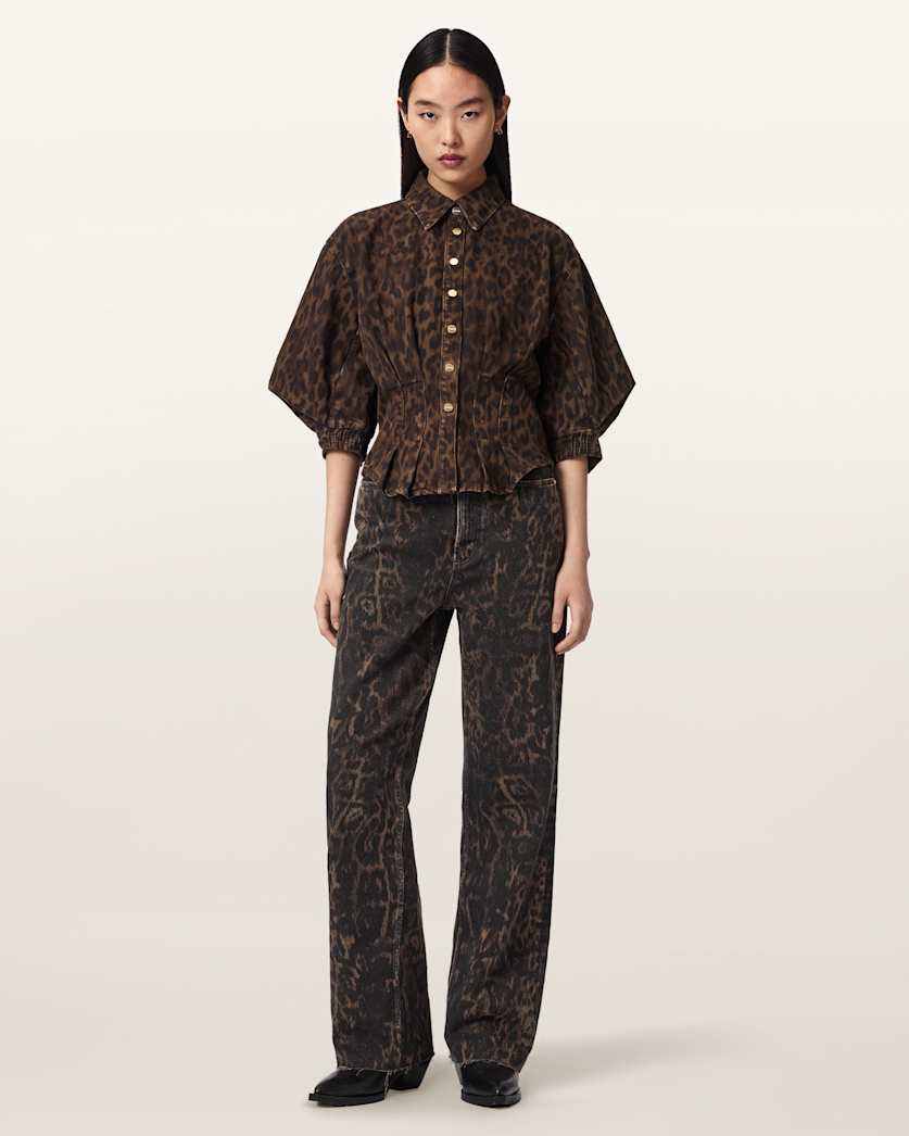 AllSaints Nancy Leopard Print Denim Shirt Women's Leppo Brown Women's