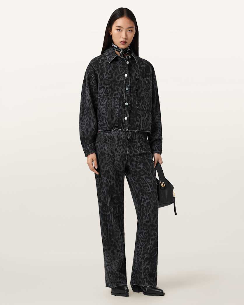 AllSaints Blake Wide Leg Leopard Print Jeans Women's Leppo Black Women's