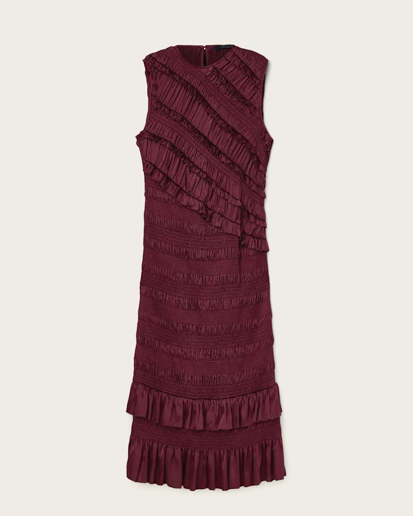AllSaints Nyla Ruffled Midi Dress Women's Tawny Port Red Women's