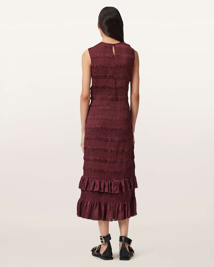 AllSaints Nyla Ruffled Midi Dress Women's Tawny Port Red Women's