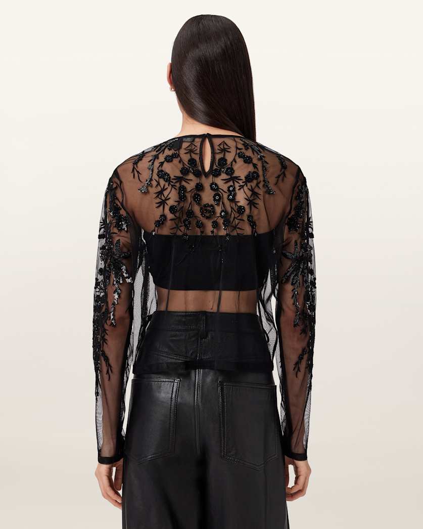 AllSaints Greta Embellished Tulle Top Women's Black Women's