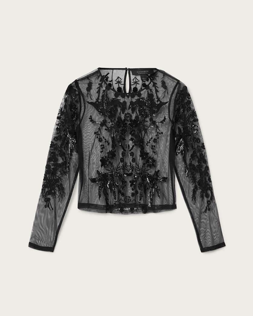 AllSaints Greta Embellished Tulle Top Women's Black Women's