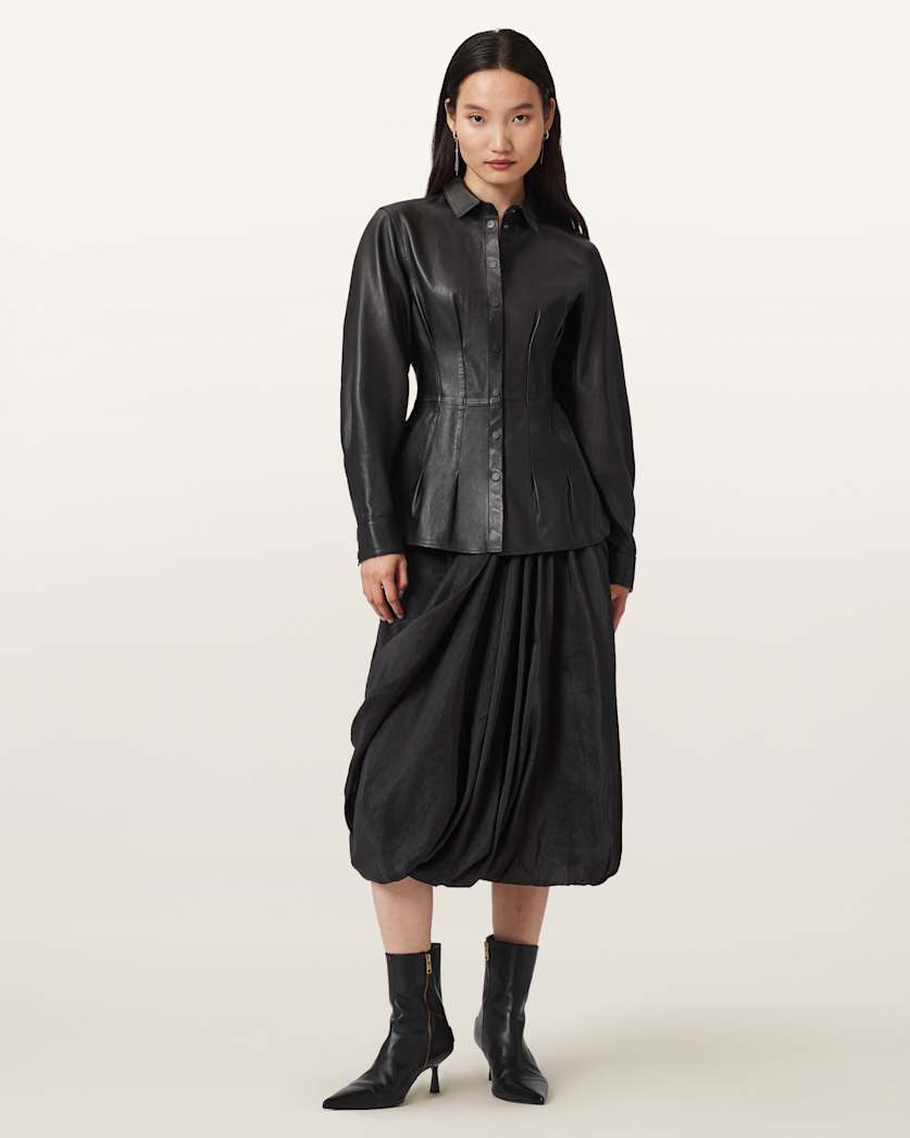 AllSaints Larson Leather Pleated Shirt Women's Black Women's