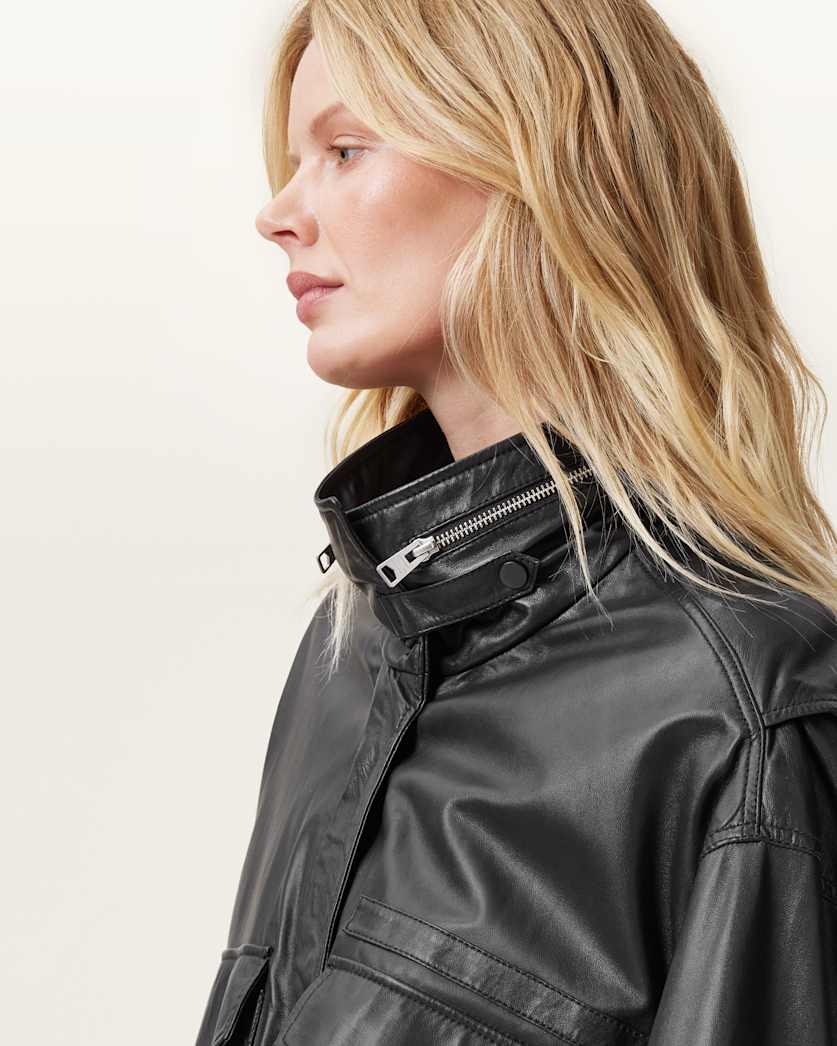 AllSaints Clay Funnel Neck Cropped Leather Jacket Women's Black Women's