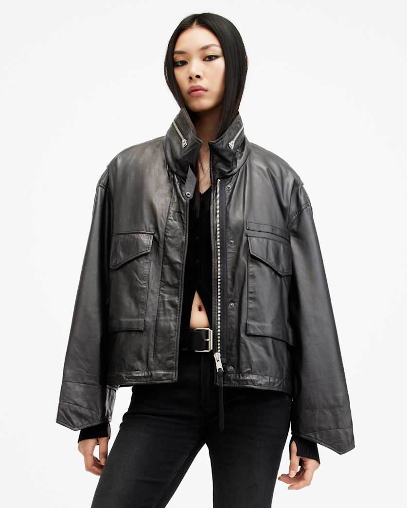 AllSaints Clay Funnel Neck Cropped Leather Jacket Women's Black Women's