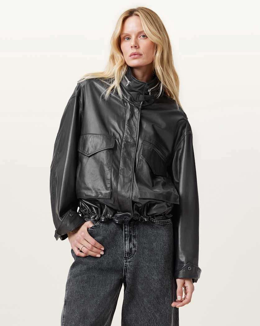 AllSaints Clay Funnel Neck Cropped Leather Jacket Women's Black Women's