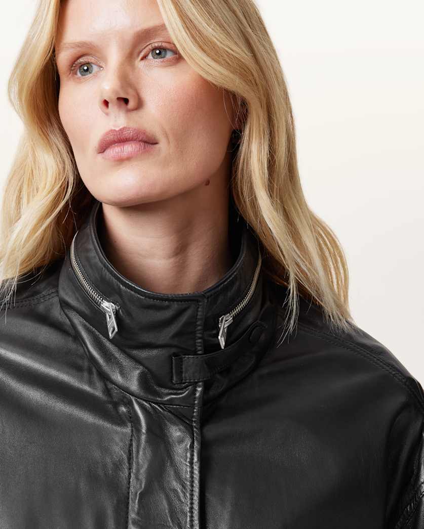 AllSaints Clay Funnel Neck Cropped Leather Jacket Women's Black Women's